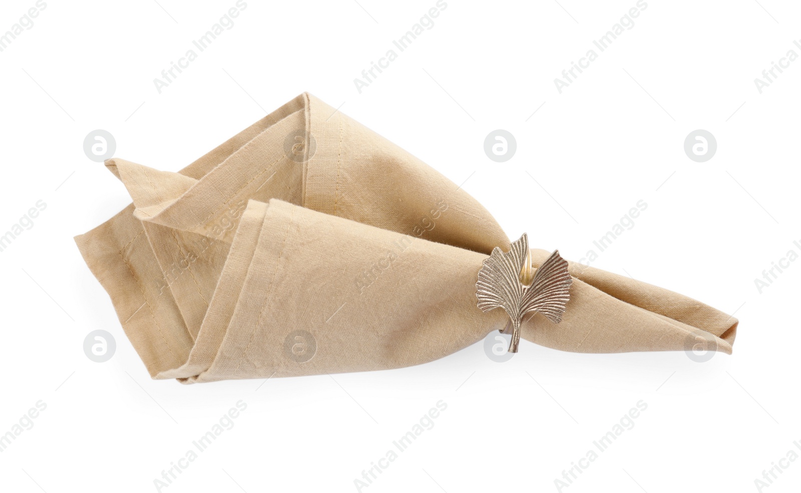 Photo of Napkin with decorative ring for table setting isolated on white, top view