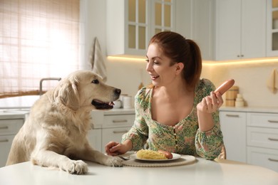 Photo of Cute dog begging for food while owner eating at table	
