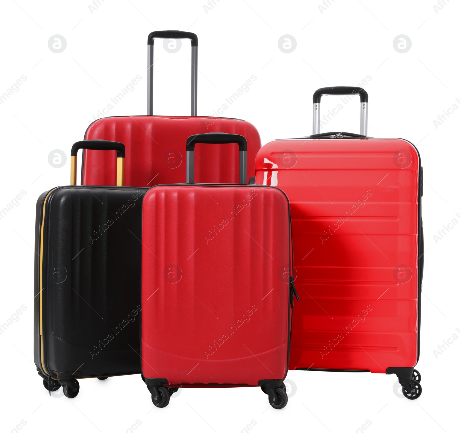 Photo of Modern suitcases for travelling on white background