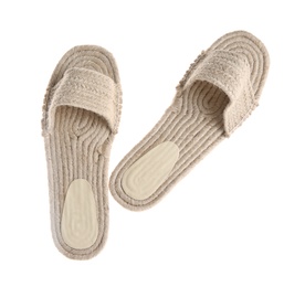 Photo of Slide shoes on white background, top view. Beach accessory