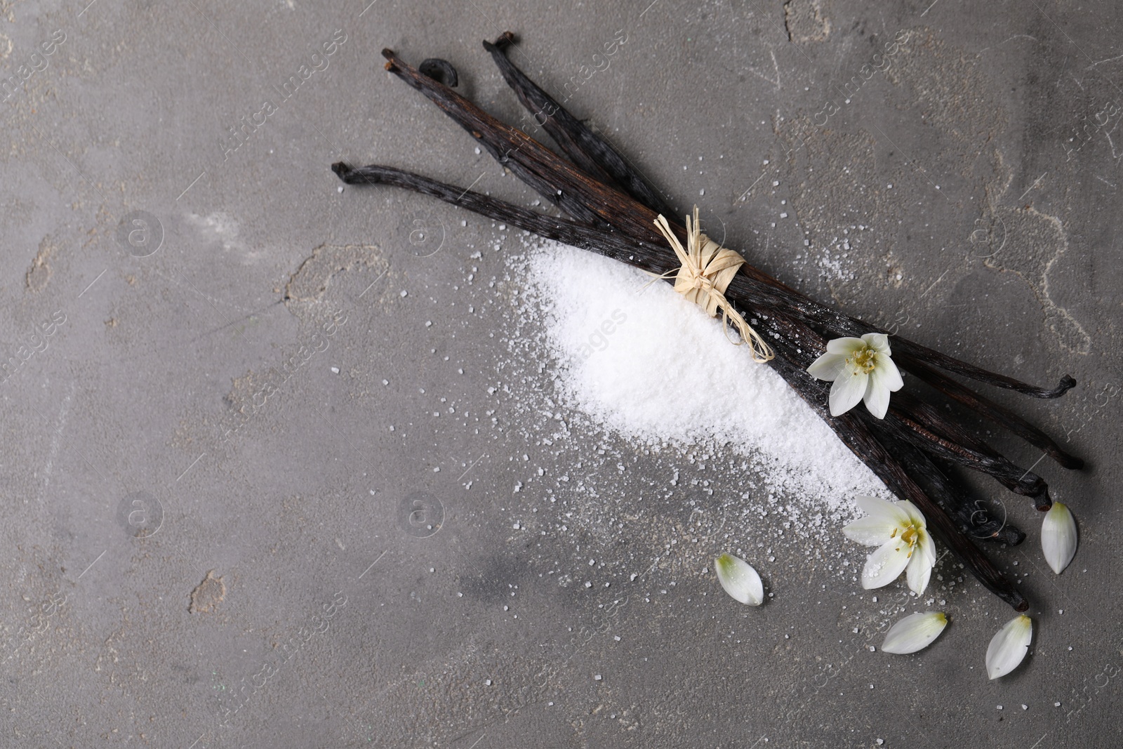 Photo of Vanilla pods, sugar, flowers and petals on gray textured table, flat lay. Space for text