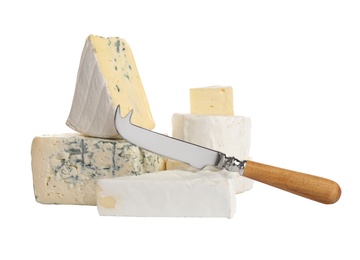 Photo of Different types of cheese and knife on white background