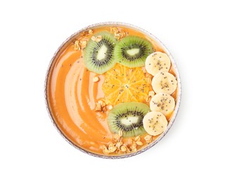Photo of Bowl of delicious fruit smoothie with fresh banana, kiwi slices and granola isolated on white , top view
