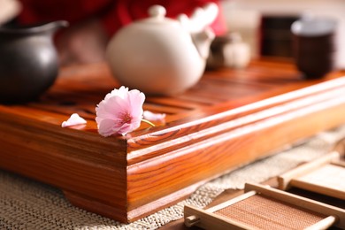 Photo of Tray for traditional tea ceremony with sakura flower on table, closeup