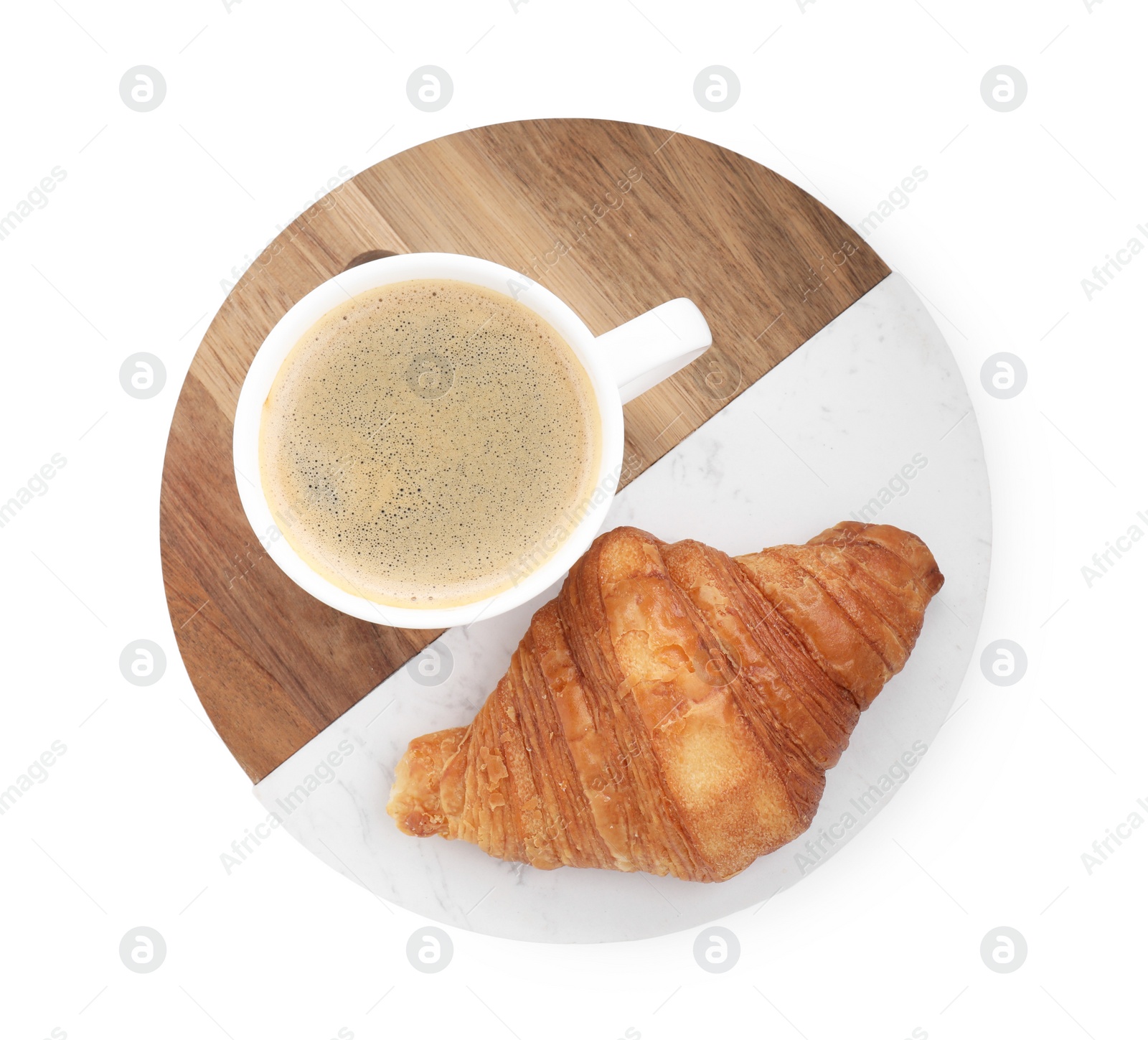 Photo of Tasty breakfast. Cup of coffee and croissant isolated on white, top view