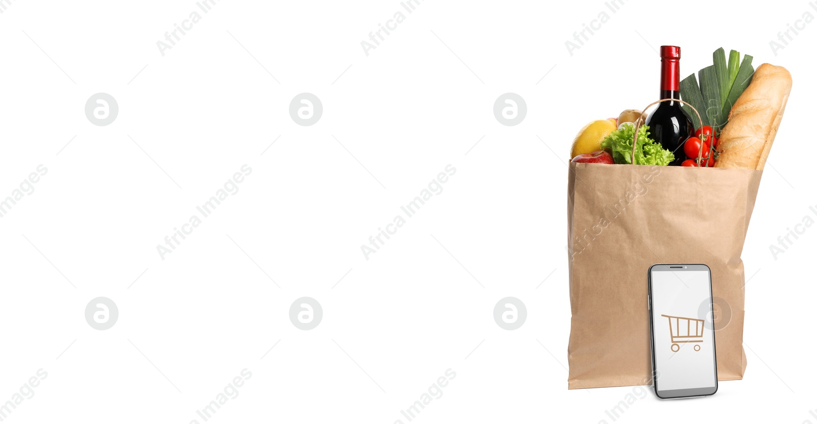 Image of Online purchases. Smartphone with shopping cart icon and paper bag full of different products on white background