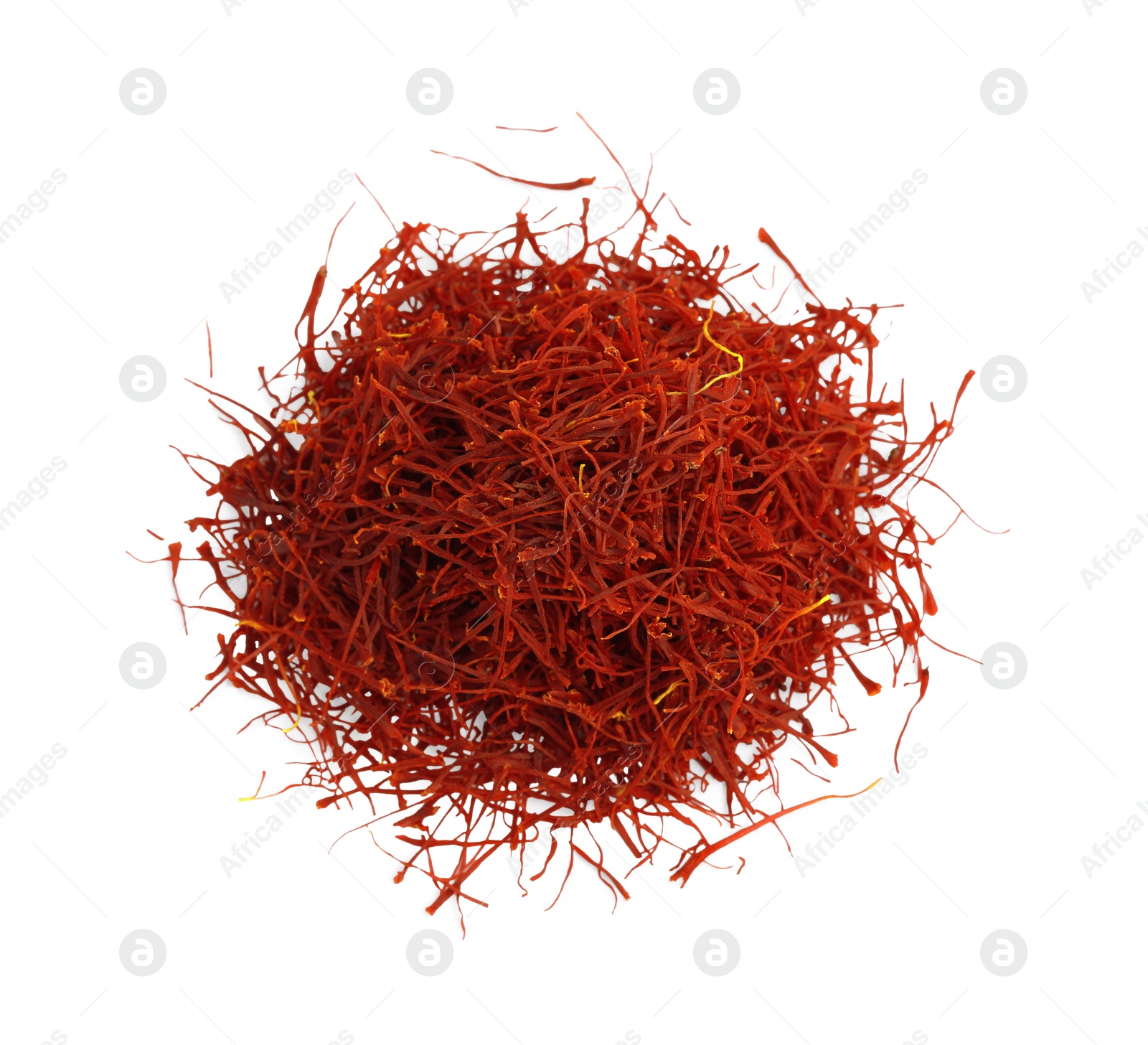 Photo of Pile of dried red saffron isolated on white, top view