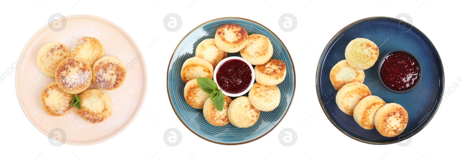Image of Set with delicious cottage cheese pancakes on white background, top view. Banner design