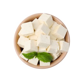 Photo of Delicious tofu cheese and basil isolated on white, top view