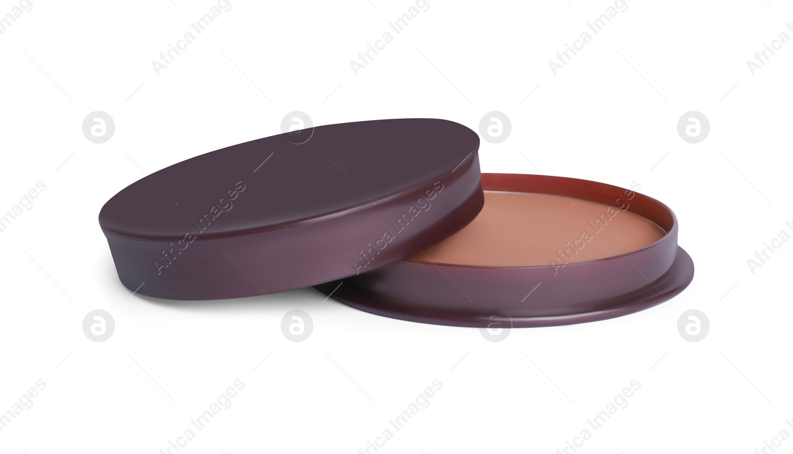 Photo of Dark face powder isolated on white. Makeup product