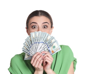 Photo of Portrait of young woman holding money banknotes on white background