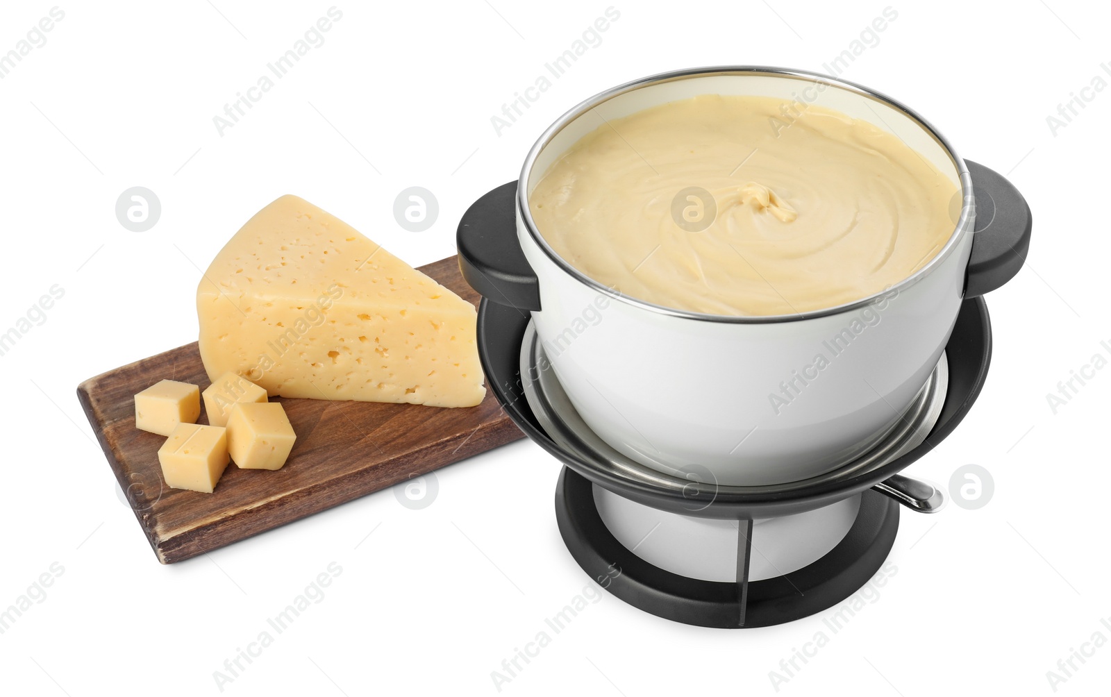 Photo of Fondue with tasty melted cheese and pieces isolated on white