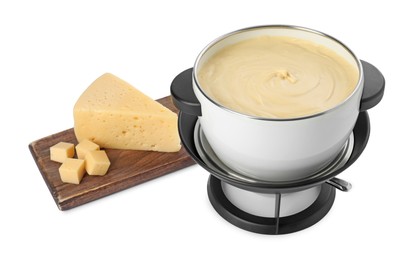 Fondue with tasty melted cheese and pieces isolated on white