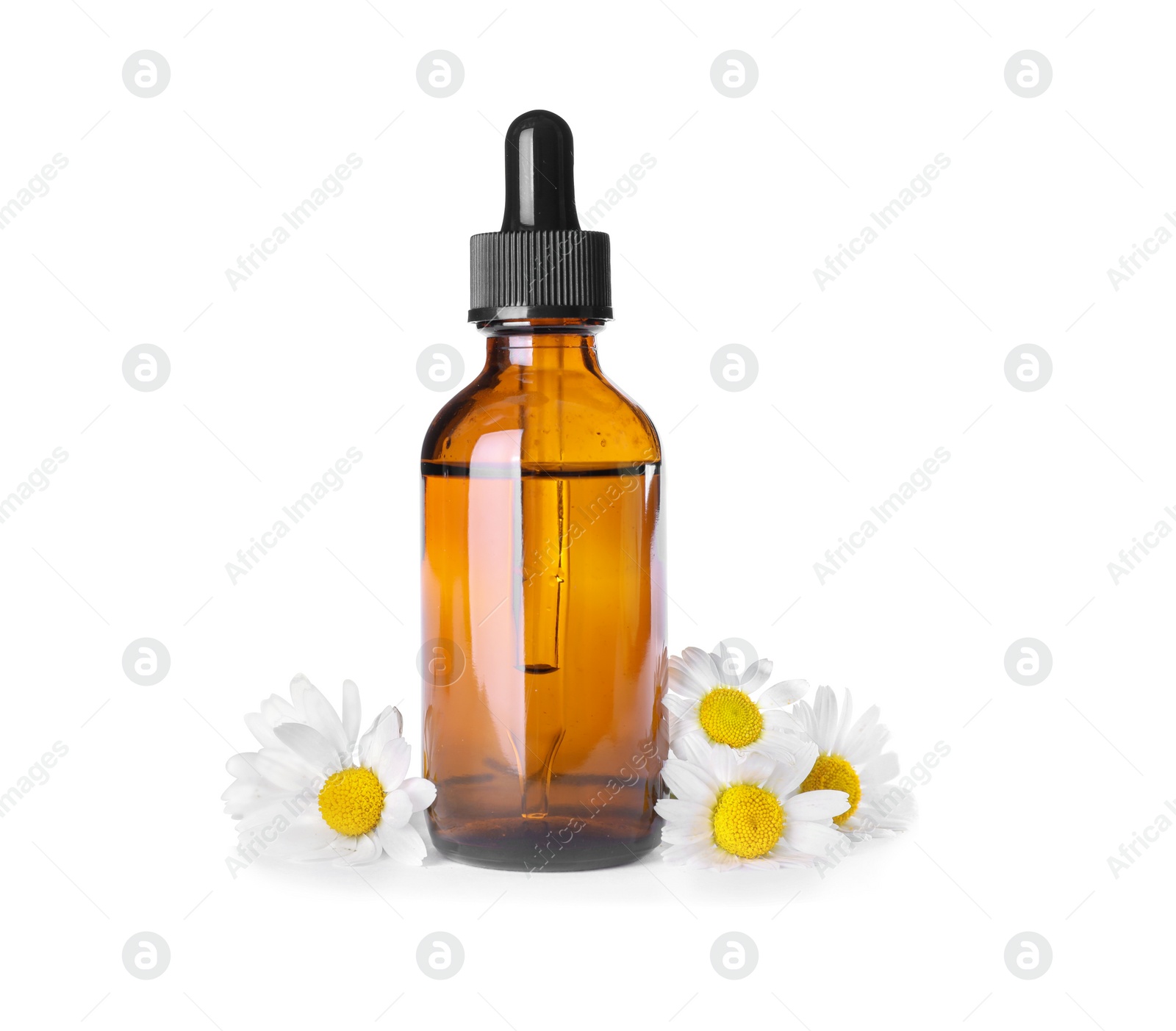 Photo of Bottle of herbal essential oil and chamomile flowers isolated on white