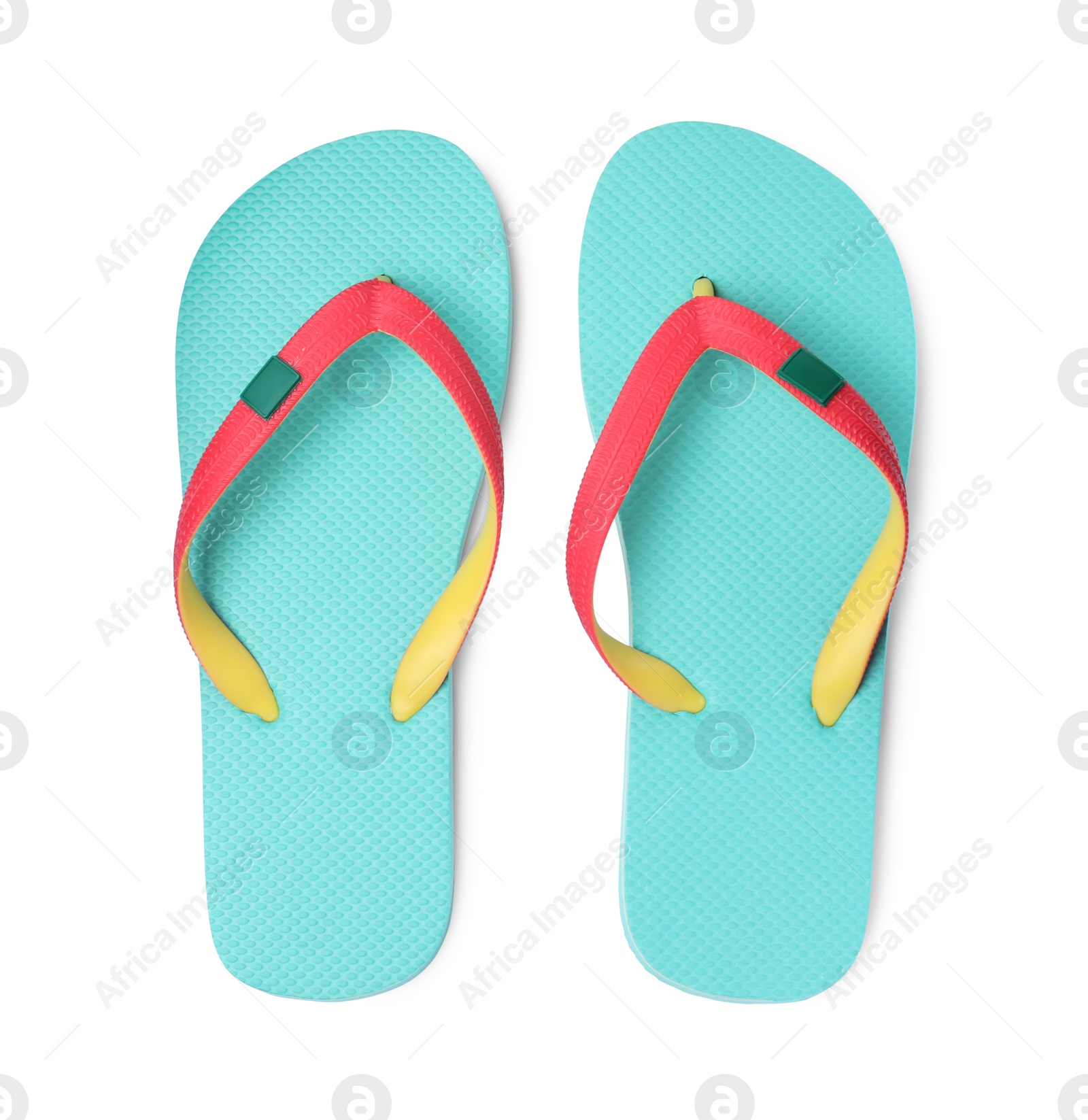 Photo of Pair of turquoise flip flops isolated on white, top view
