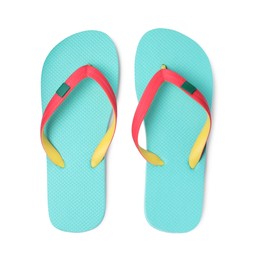 Pair of turquoise flip flops isolated on white, top view