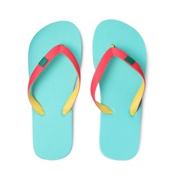 Photo of Pair of turquoise flip flops isolated on white, top view