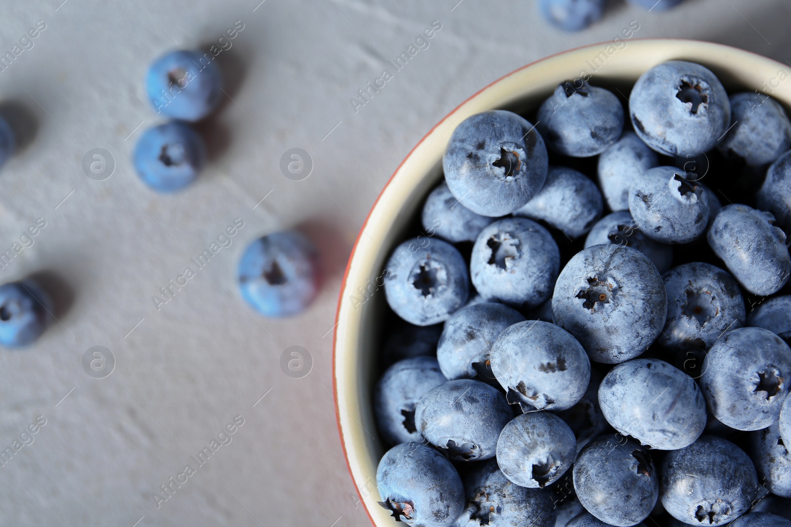 Photo of Crockery with juicy and fresh blueberries on color table, top view