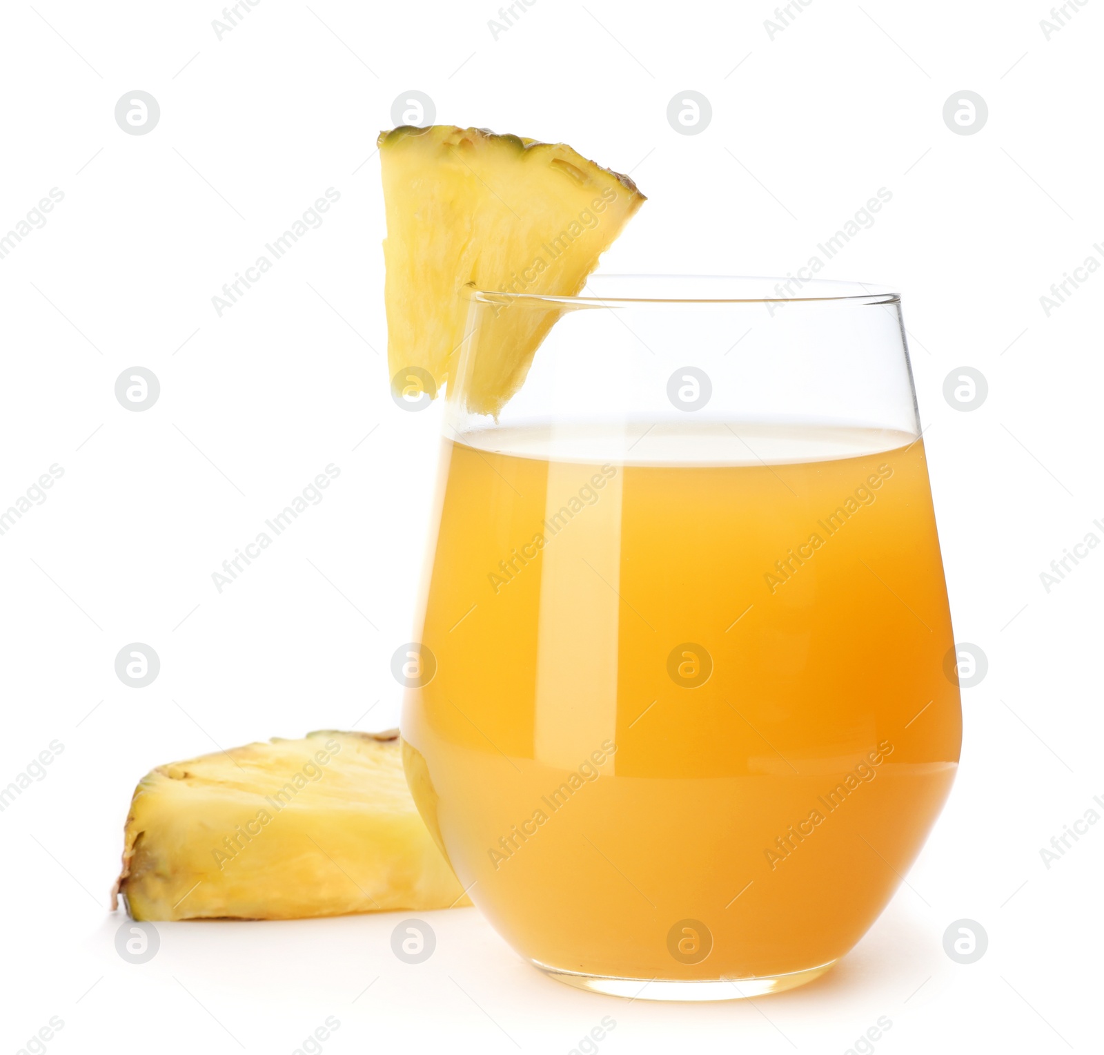 Photo of Glass with delicious pineapple juice on white background