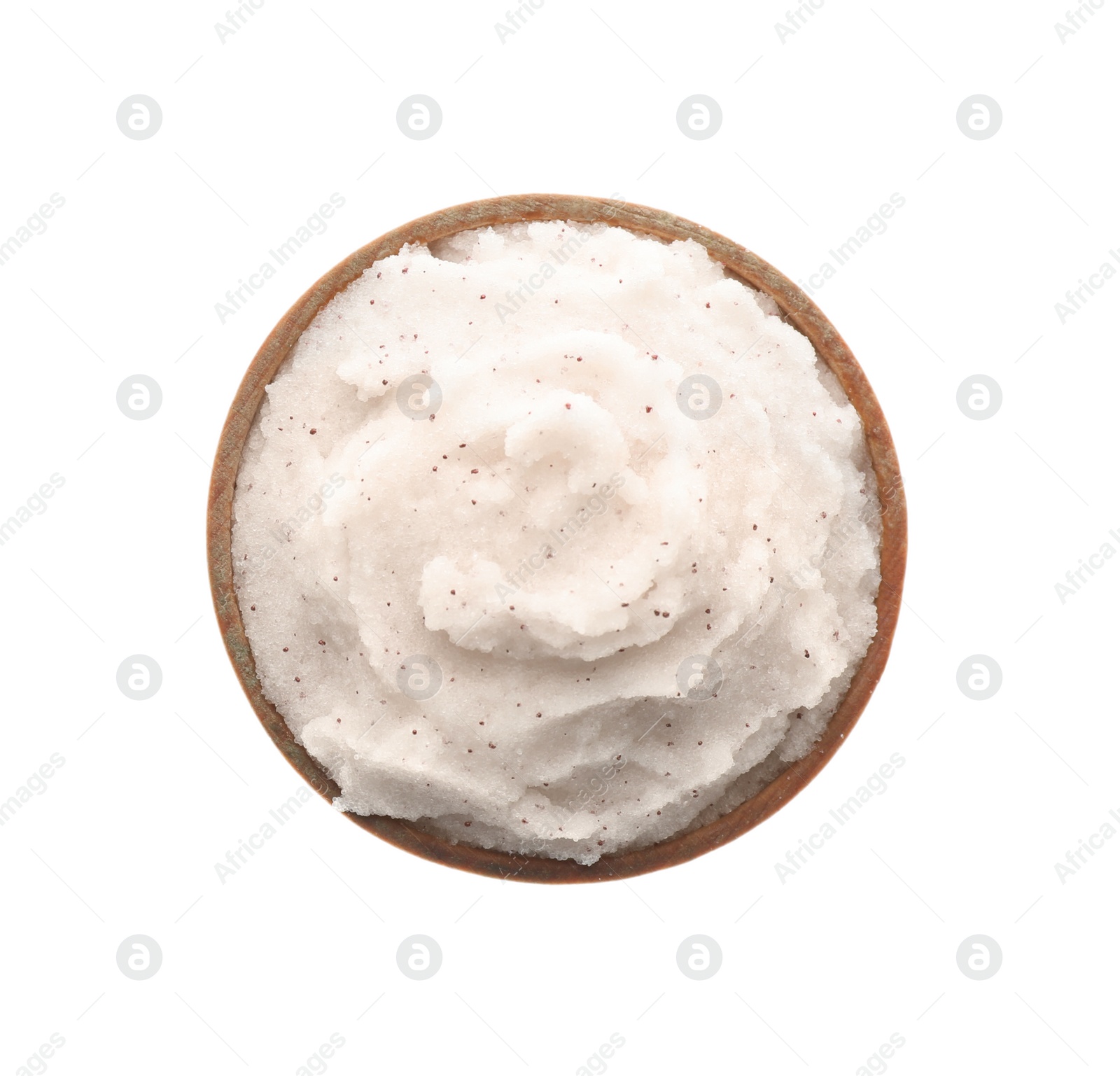 Photo of Bowl of body scrub isolated on white, top view