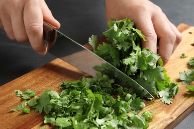 Photo of Woman cutting fresh green cilantro at black table, closeup