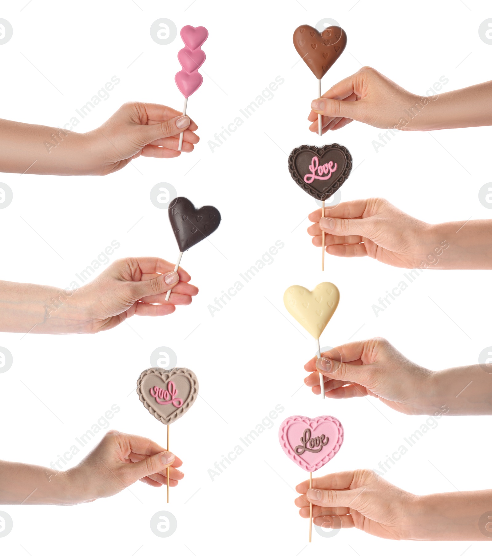 Image of Women holding heart shaped lollipops made of chocolate on white background, closeup. Collage