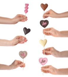 Image of Women holding heart shaped lollipops made of chocolate on white background, closeup. Collage