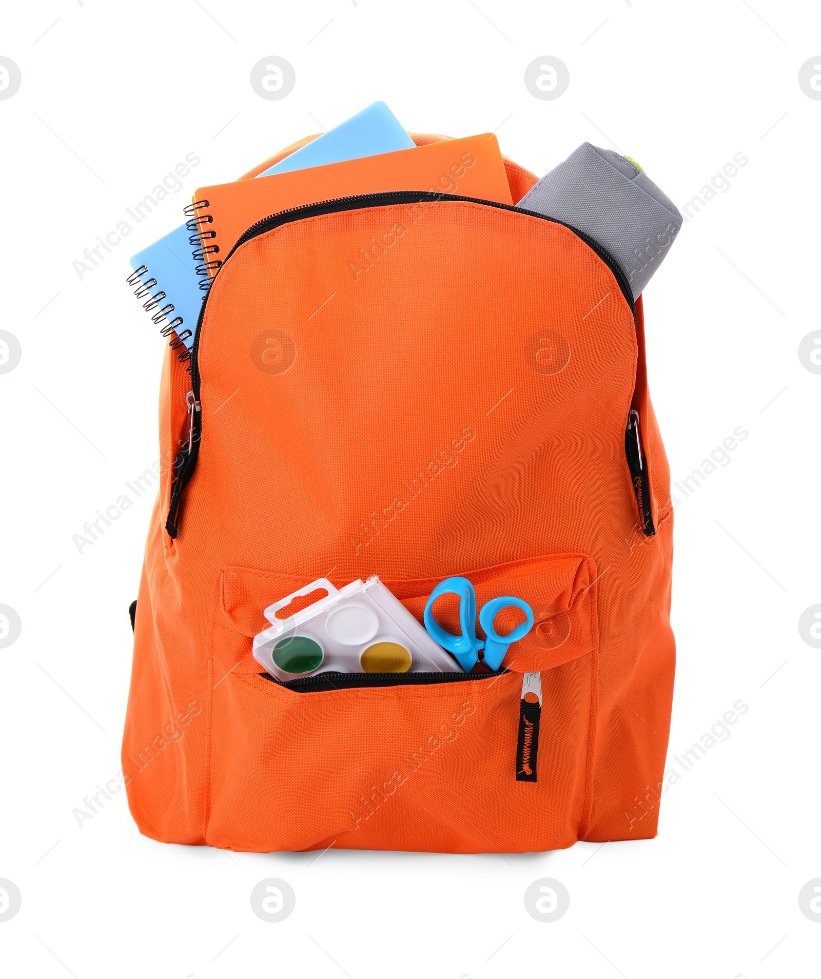 Photo of Stylish backpack with school stationery on white background