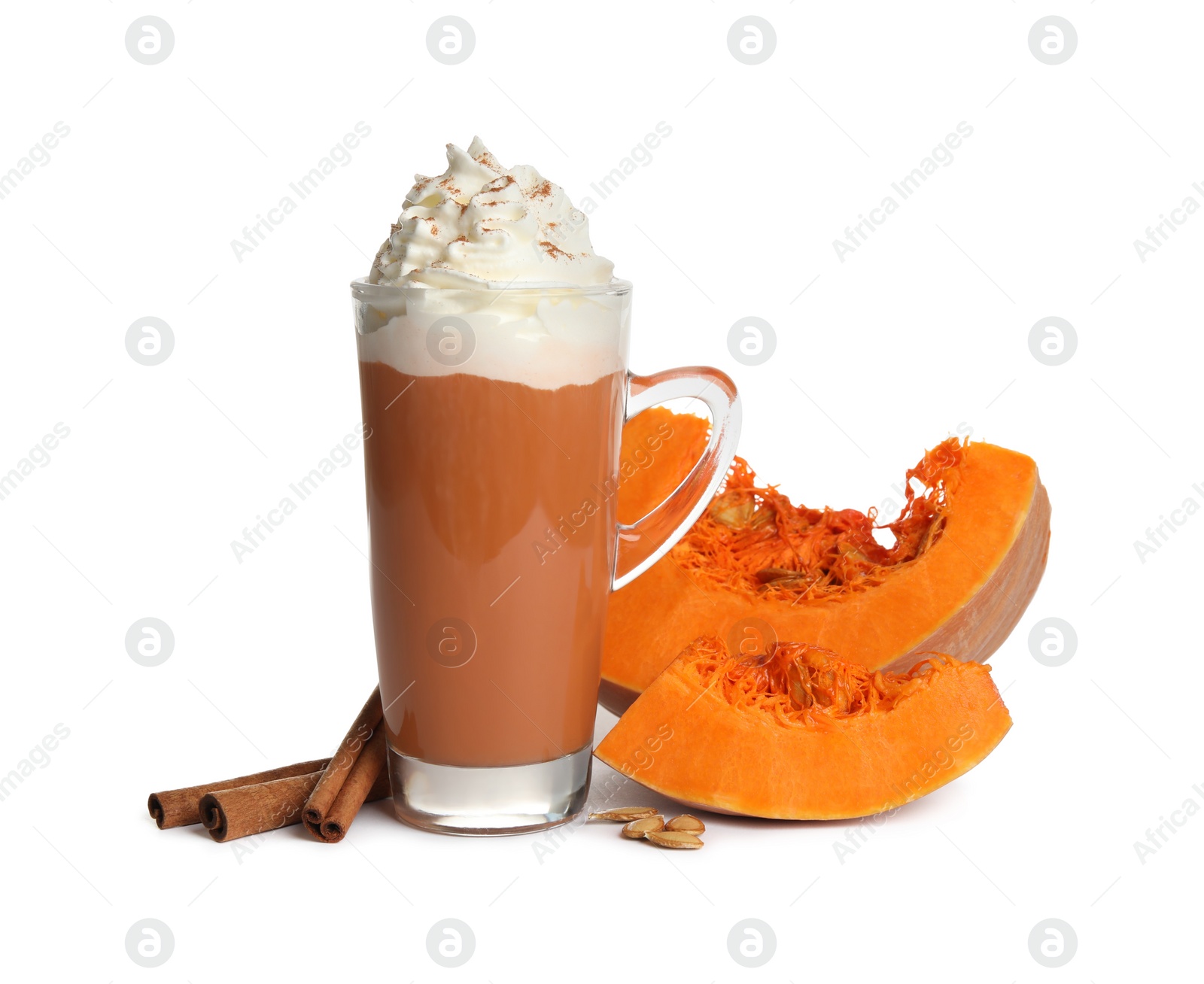 Photo of Delicious pumpkin latte and ingredients isolated on white