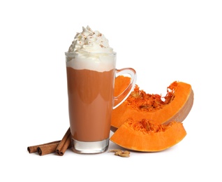 Photo of Delicious pumpkin latte and ingredients isolated on white