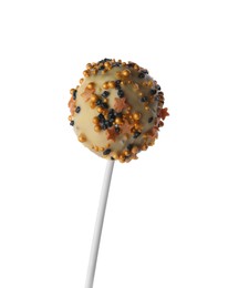 Photo of Sweet cake pop decorated with sprinkles isolated on white. Delicious confectionery