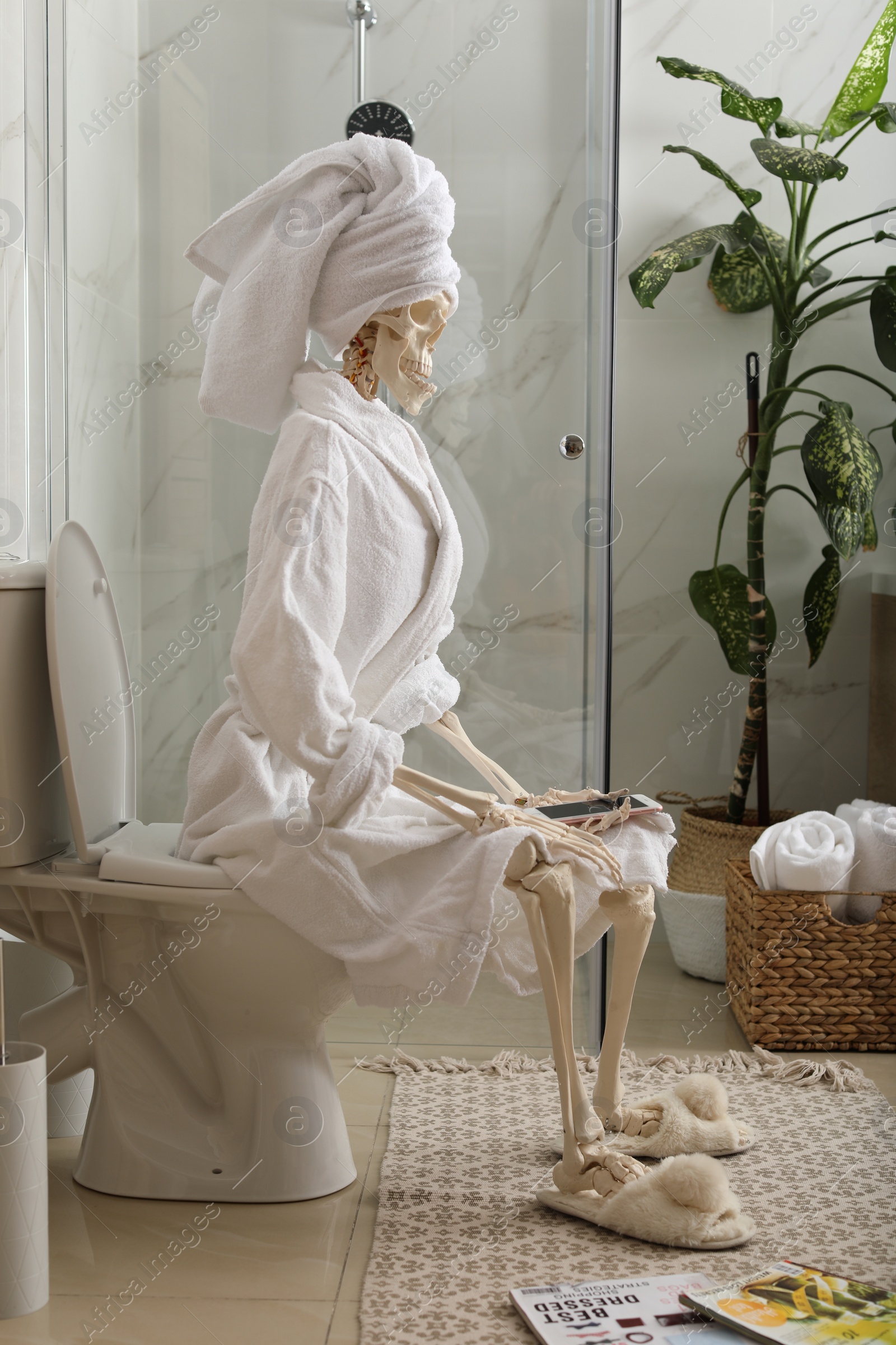 Photo of Skeleton in bathrobe with mobile phone sitting on toilet bowl