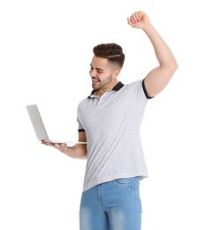 Photo of Emotional man with laptop on white background