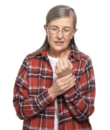 Photo of Arthritis symptoms. Woman suffering from pain in wrist on white background