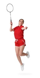 Photo of Young woman playing badminton with racket on white background