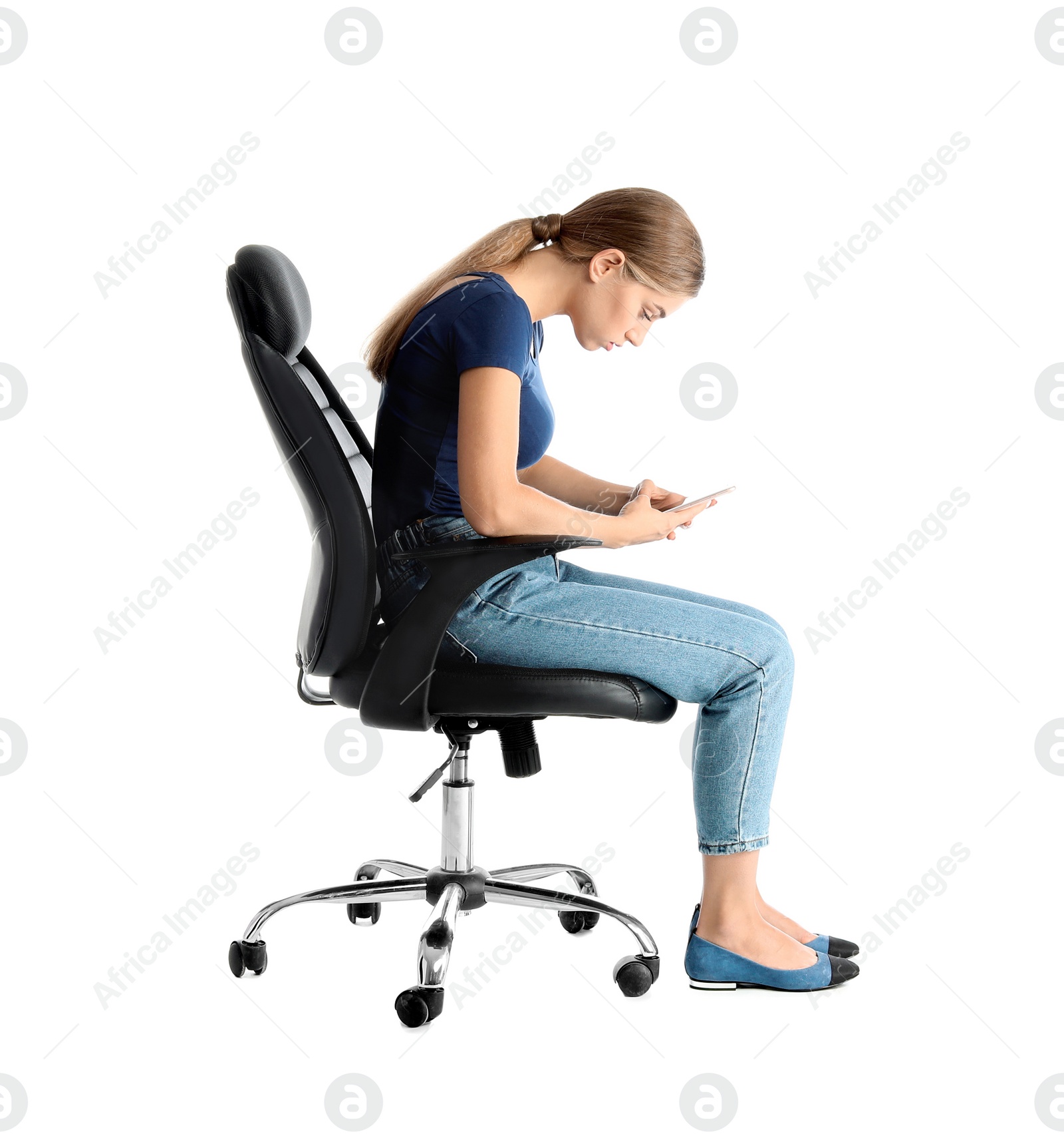 Photo of Woman with mobile phone sitting in office chair on white background. Posture concept