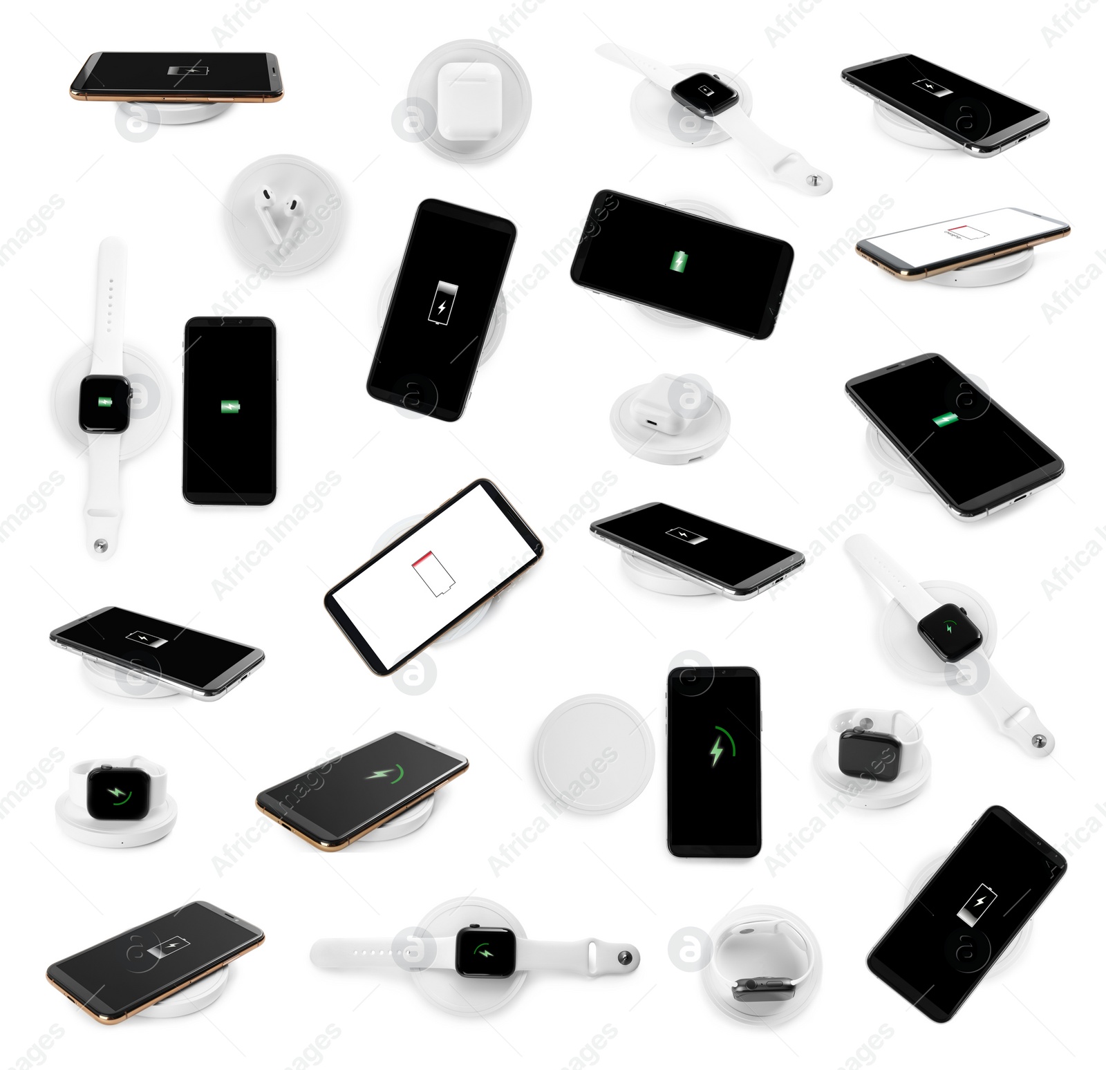 Image of Collage with wireless chargers and gadgets on white background