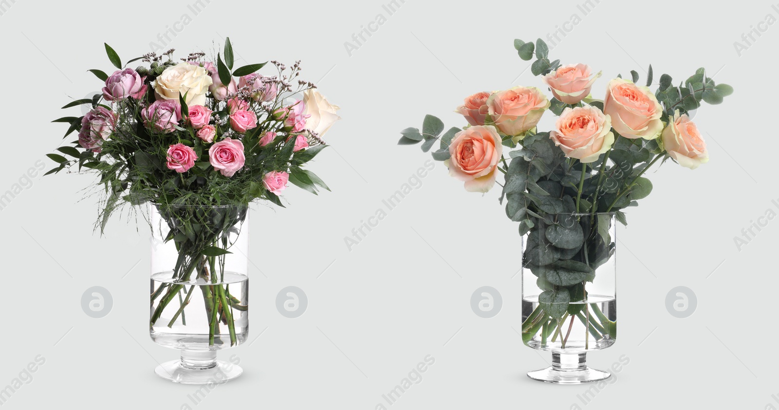 Image of Collage of stylish vases with beautiful bouquets on light grey background. Banner design