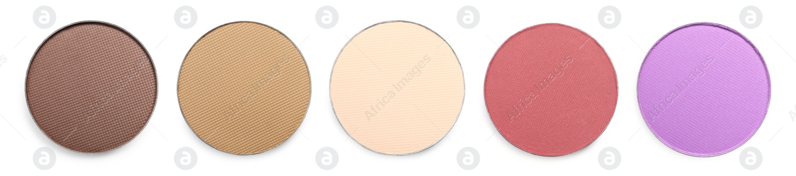 Image of Set of beautiful different eye shadow refill pans on white background