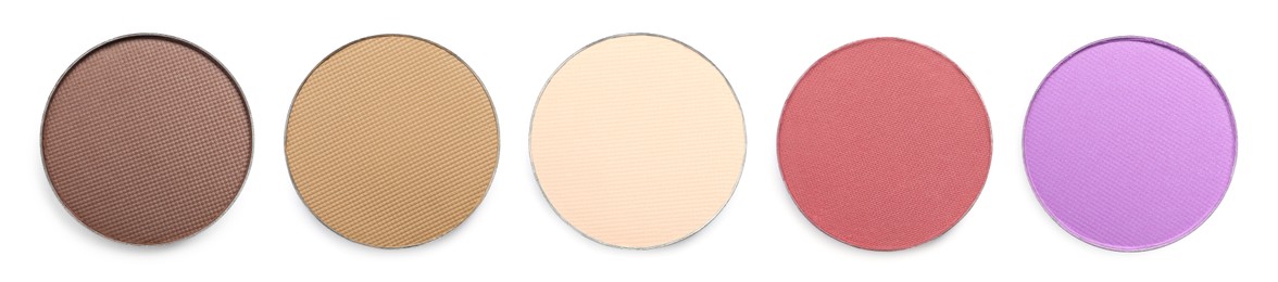 Image of Set of beautiful different eye shadow refill pans on white background