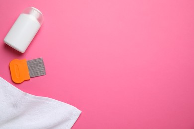 Photo of Shampoo, metal comb and towel for anti lice treatment on pink background, flat lay. Space for text