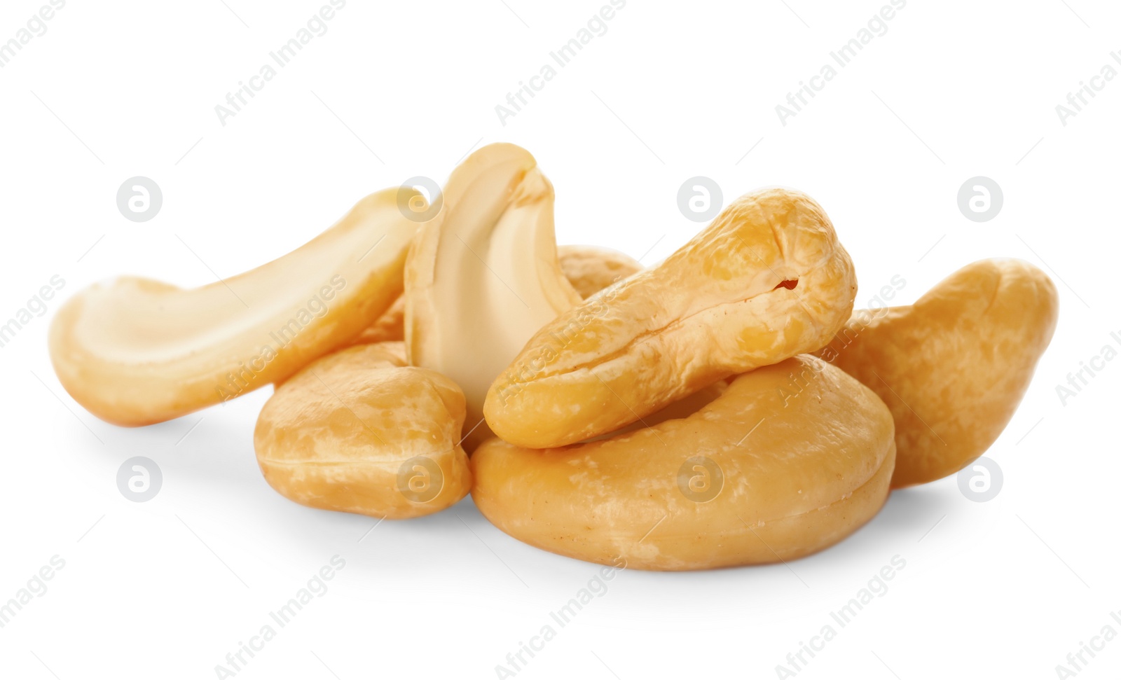 Photo of Pile of tasty organic cashew nuts isolated on white