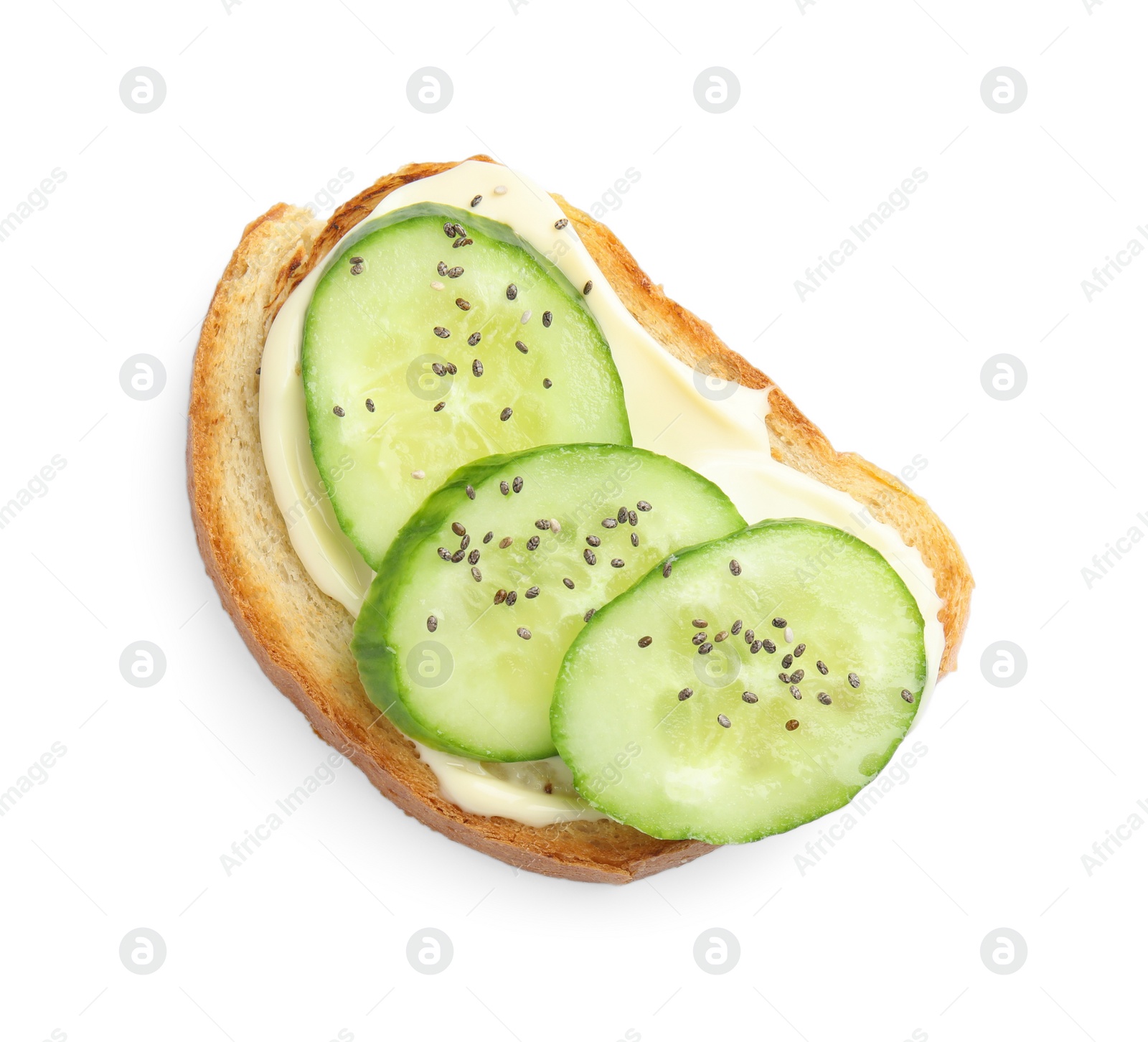 Photo of Slice of bread with spread and cucumber on white background, top view