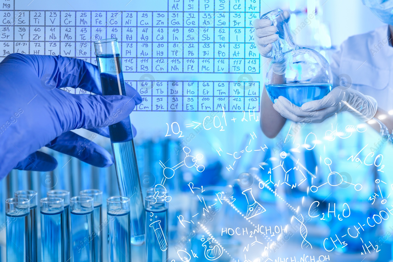 Image of Scientists working with samples, periodic table of elements and different chemical formulas and reactions, multiple exposure