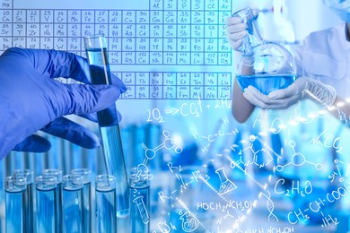 Image of Scientists working with samples, periodic table of elements and different chemical formulas and reactions, multiple exposure