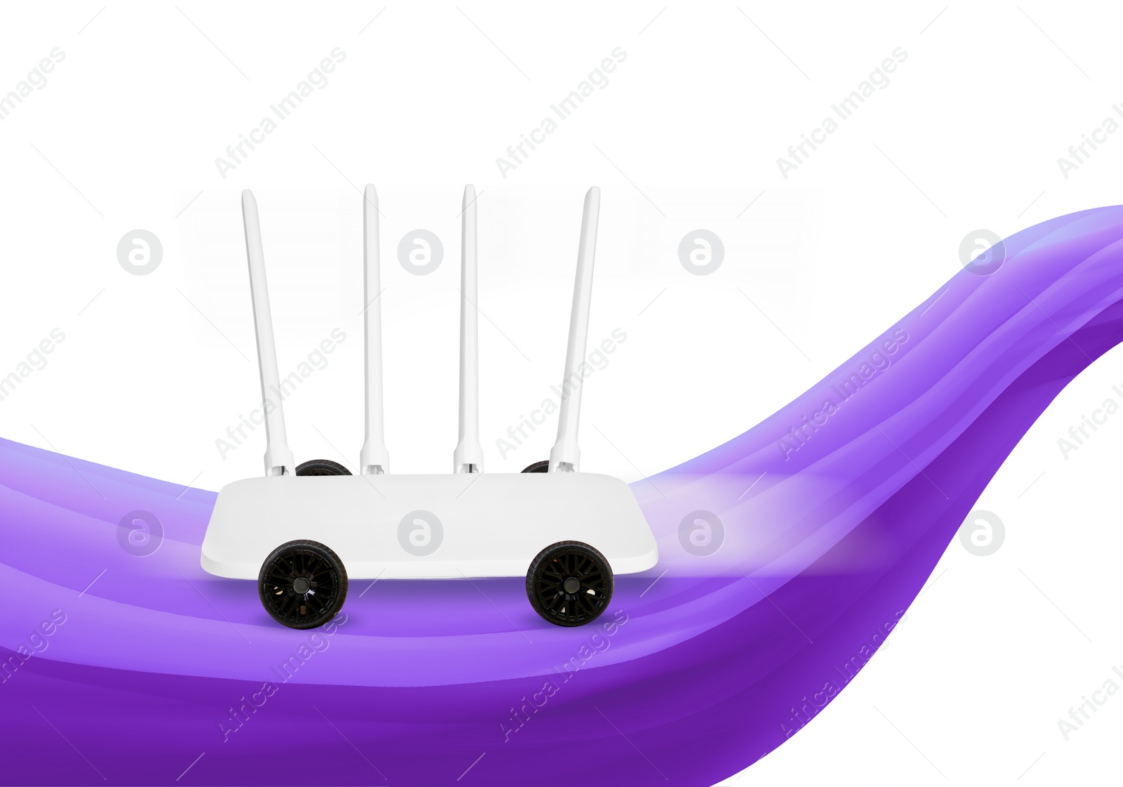 Image of Fast internet connection. Wi-Fi router with wheels riding on white background