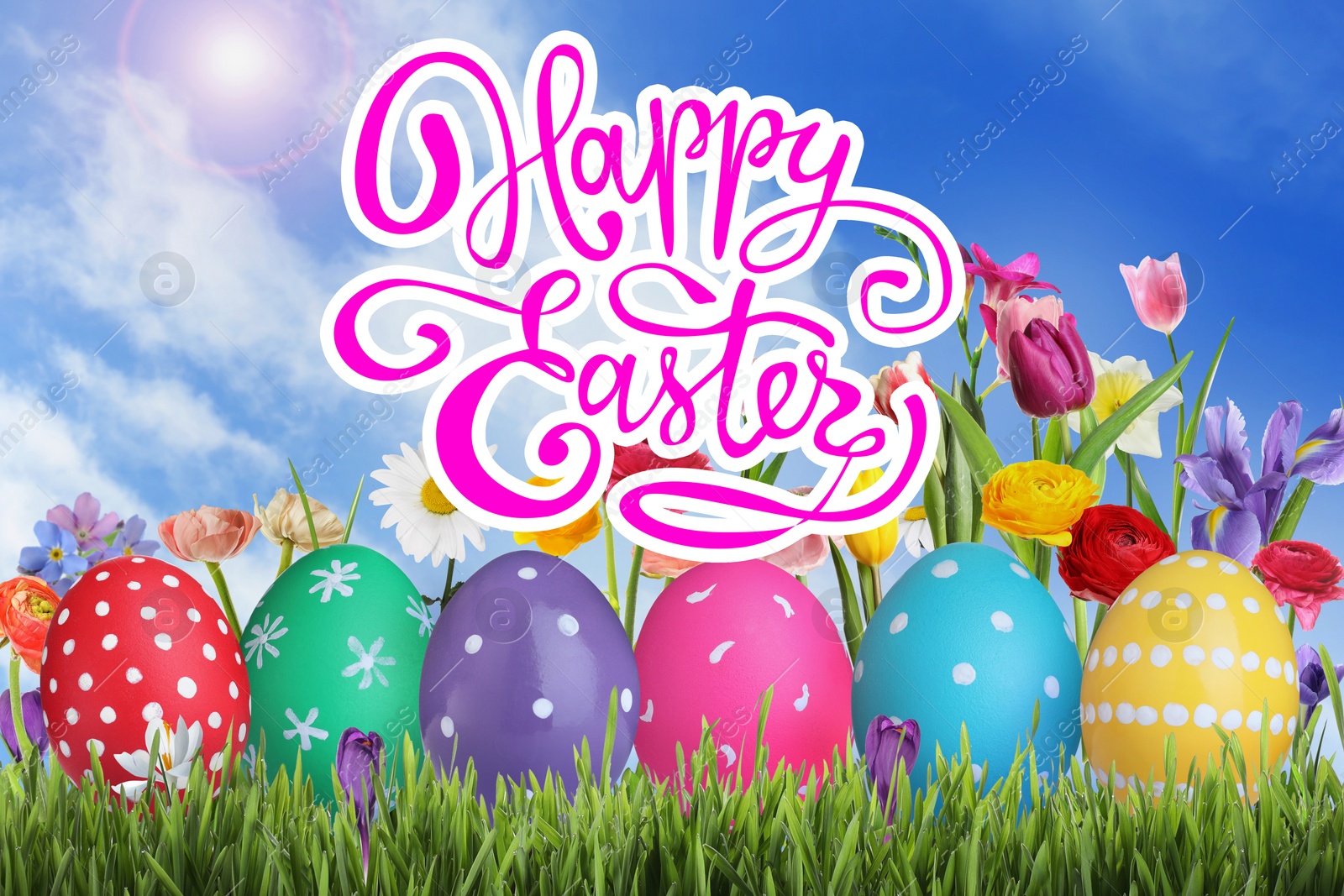 Image of Happy Easter. Bright eggs and spring flowers on green grass outdoors