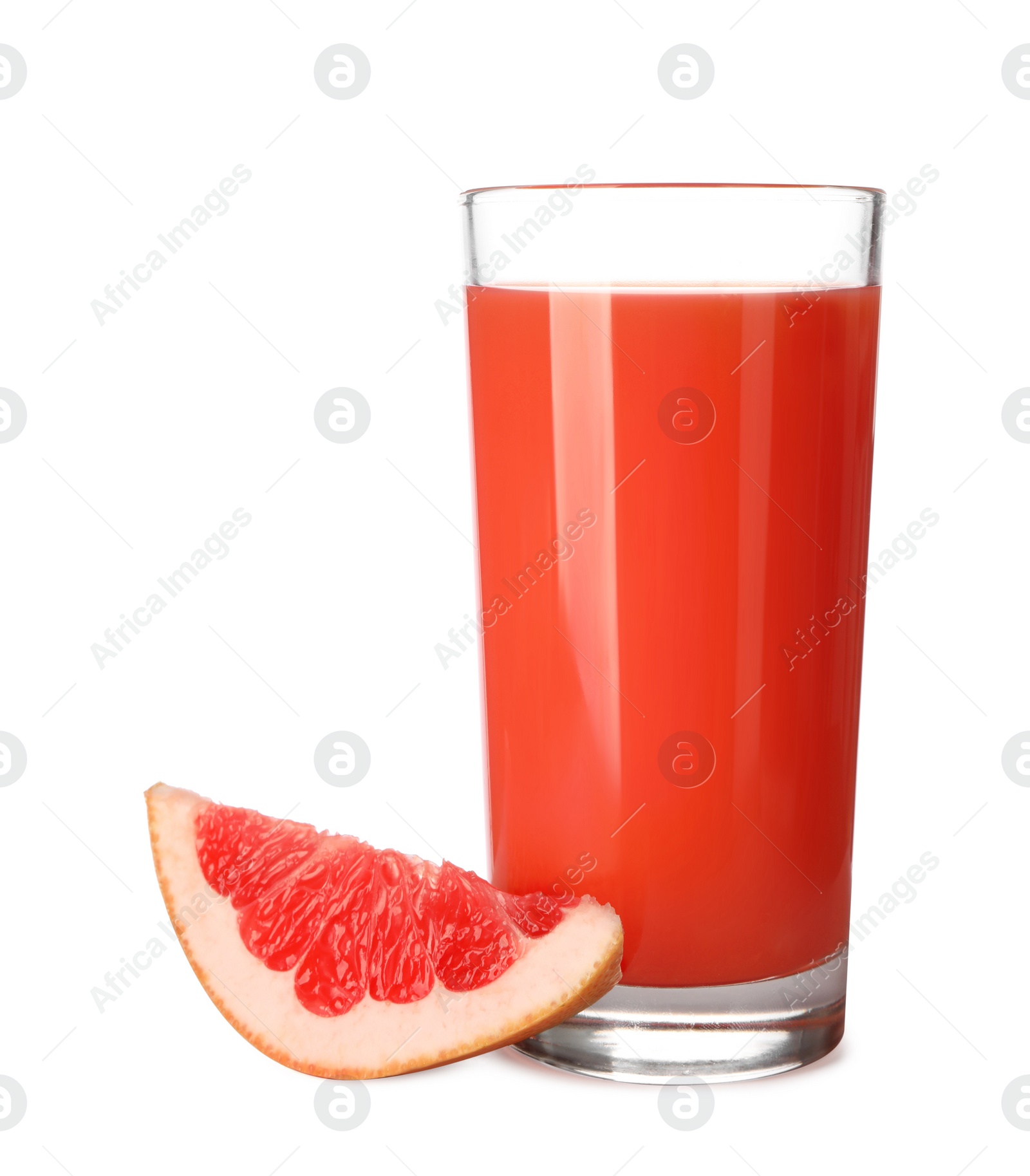 Photo of Tasty grapefruit juice in glass and fresh fruit isolated on white