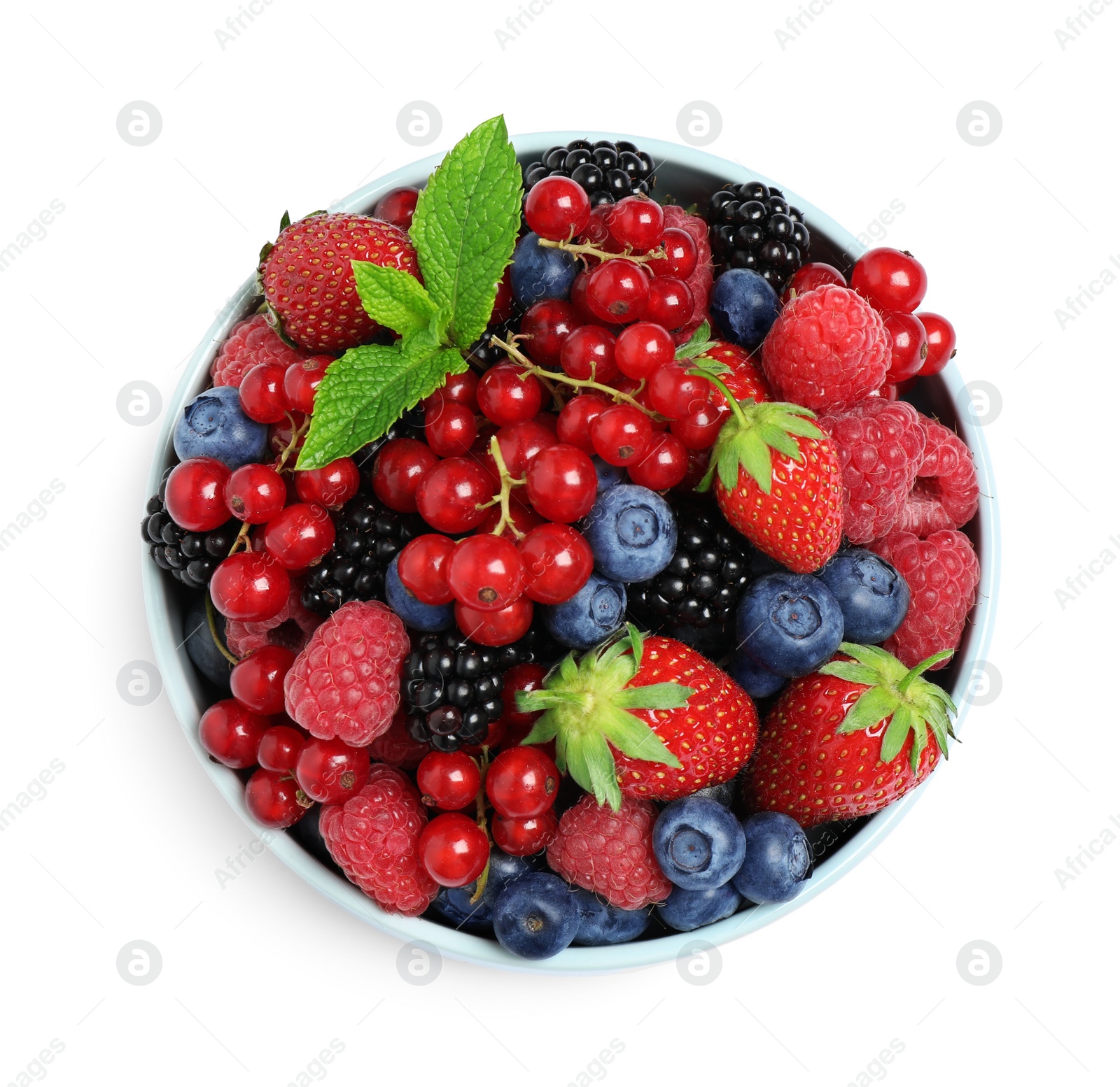 Photo of Mix of different fresh berries and mint in bowl on white background, top view