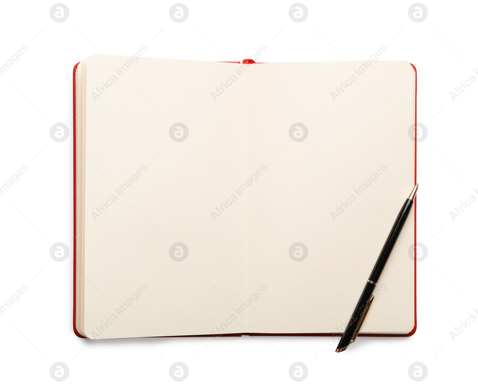 Photo of Open empty notebook and pen isolated on white, top view